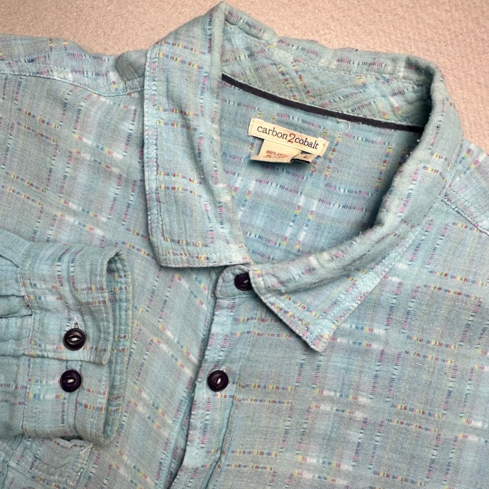 Carbon2Cobalt Button Down Shirt Mens L Light Blue Textured Dobby Plaid Interior